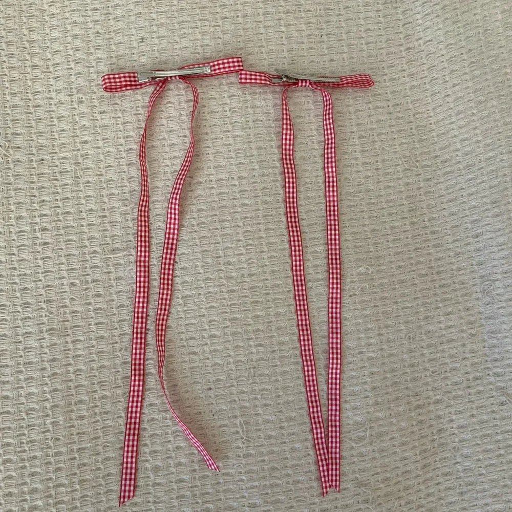 Free People Red Gingham Picnic Checkered Ribbon Hair Bow Clips Set of 2 Like New